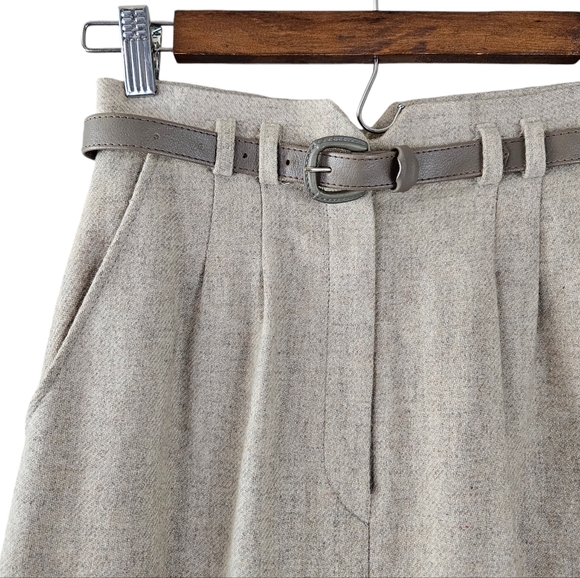 Marianne Fashion Vintage Wool Blend Taupe Oatmeal Wool Blend Skirt with Belt - Picture 3 of 5